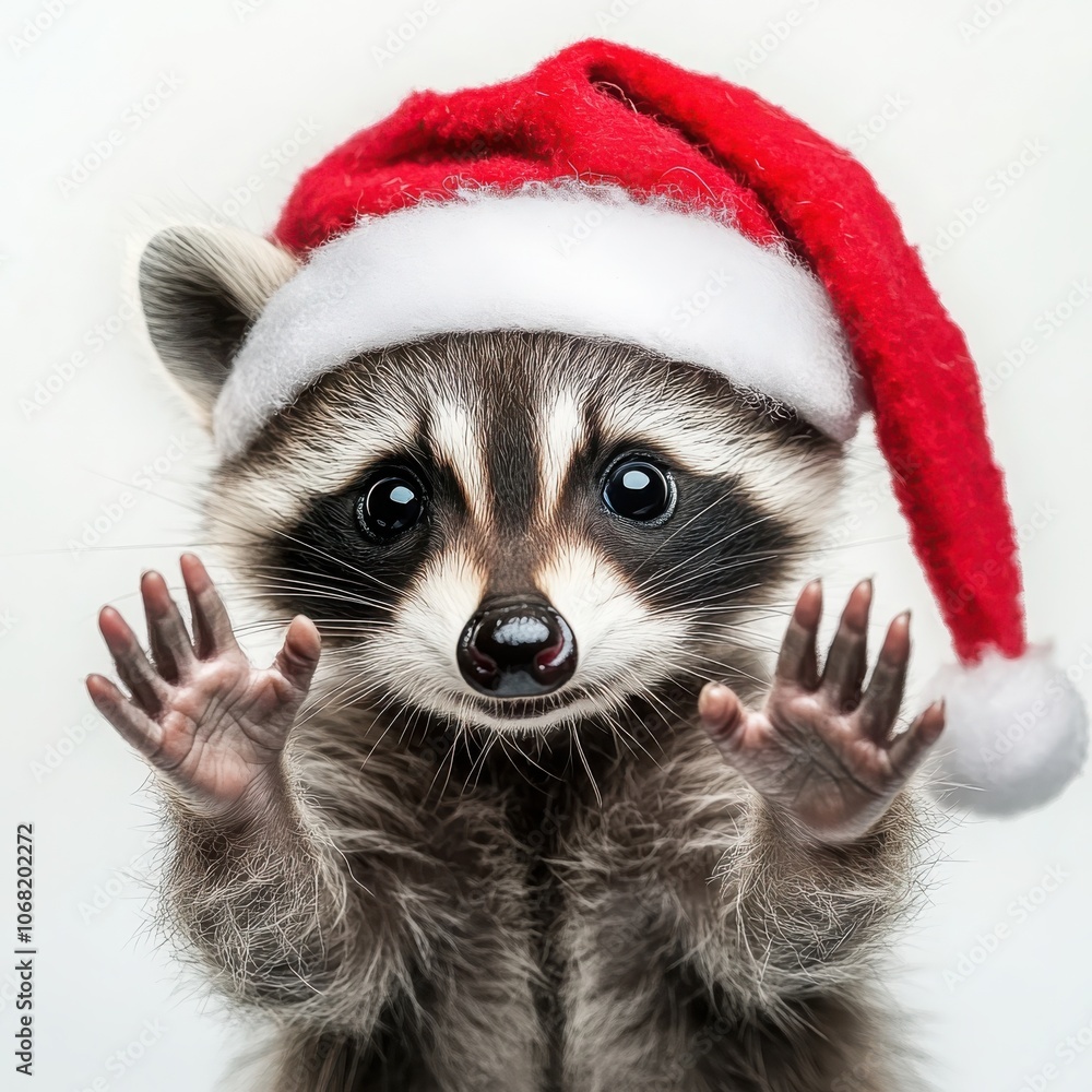 Curious baby raccoon wearing a santa hat with outstretched hands capturing the spirit of the holidays Curious baby raccoon wearing a santa hat with outstretched hands capturing the spirit of the holidays