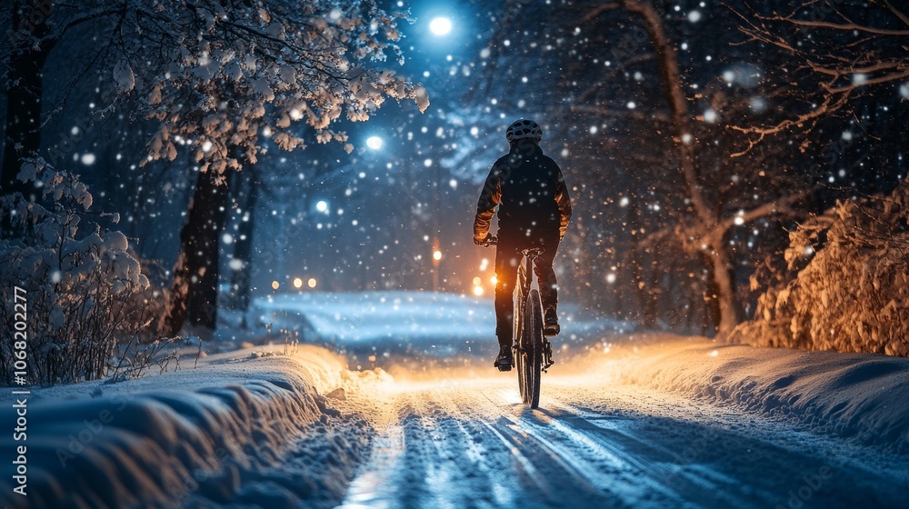 Cyclist navigates snowy night roads with bicycle headlight amidst gentle snowfall Cyclist navigates snowy night roads with bicycle headlight amidst gentle snowfall