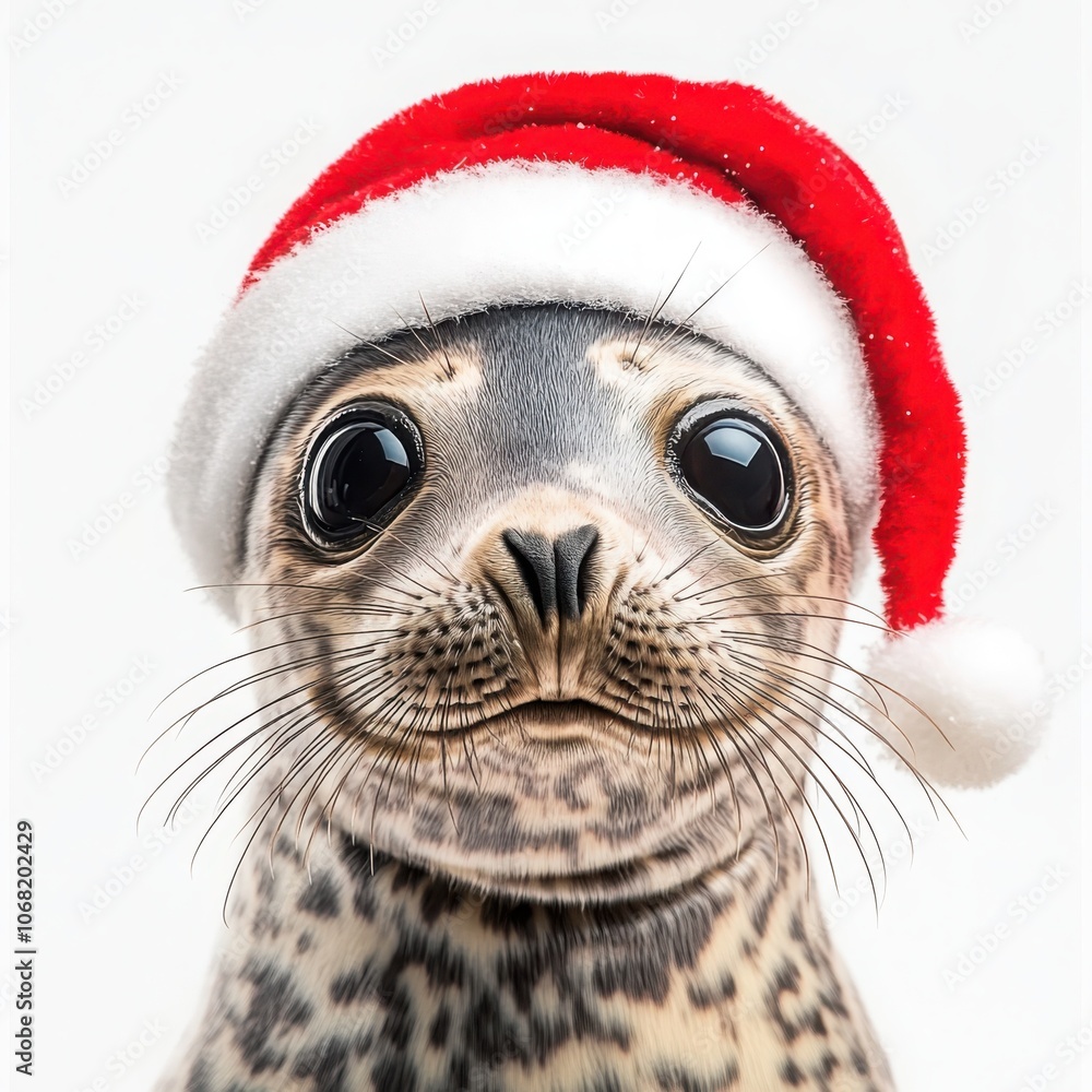 Adorable baby seal pup in santa hat with large sparkly eyes for a festive holiday vibe and cheerful spirit Adorable baby seal pup in santa hat with large sparkly eyes for a festive holiday vibe and cheerful spirit