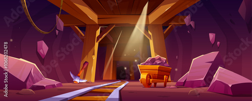 Underground coalmine interior with mining equipment. Vector cartoon illustration of iron pickaxe and rails inside stone cave with wooden supports, cart full of coal, sunlight flare in mountain dungeon