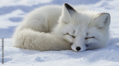 A peaceful arctic fox sleeping on a snowy landscape, showcasing its fluffy white fur and serene expression.