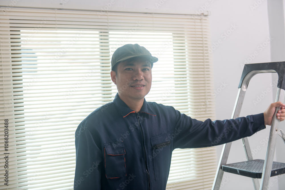 Smiling worker holding ladder and toolbox in front of window blinds. Uniformed repairman installs new window blinds in residential or commercial apartment Blind Installer Smiling worker holding ladder and toolbox in front of window blinds. Uniformed repairman installs new window blinds in residential or commercial apartment Blind Installer
