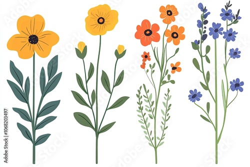 a bunch of different colored flowers on a white background