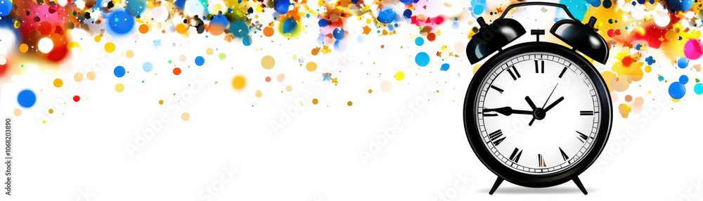 classic alarm clock with Roman numerals stands against vibrant background of colorful confetti, symbolizing festive countdown celebration classic alarm clock with Roman numerals stands against vibrant background of colorful confetti, symbolizing festive countdown celebration