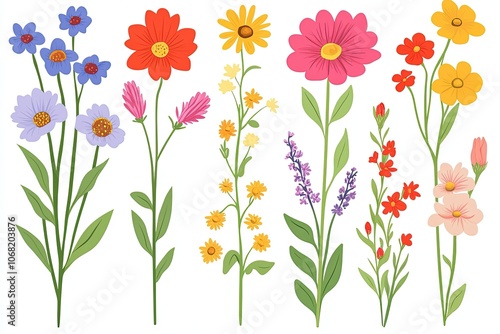 a bunch of different colored flowers on a white background