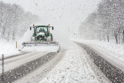 A tractor clears a snow-covered road during a heavy snowfall, ensuring safe passage for vehicles.