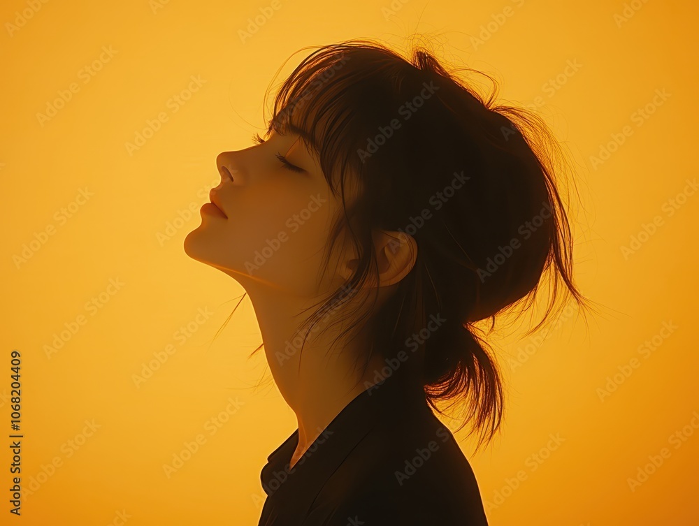 Profile of a serene woman against a vibrant orange background. Profile of a serene woman against a vibrant orange background.