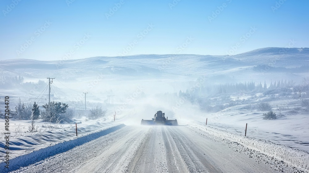 A snowplow clears a snowy road in a remote landscape, surrounded by hills and trees under a clear blue sky. A snowplow clears a snowy road in a remote landscape, surrounded by hills and trees under a clear blue sky.