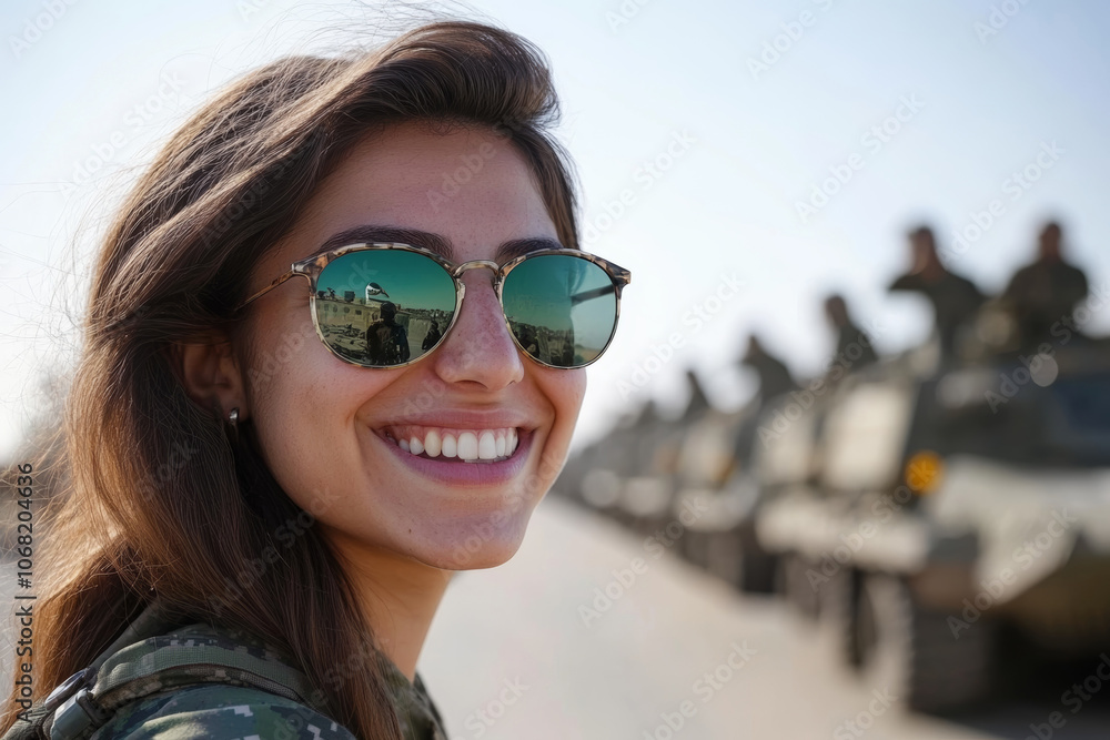 Smiling woman in military attire poses confidently with tanks in the background during a bright day Smiling woman in military attire poses confidently with tanks in the background during a bright day
