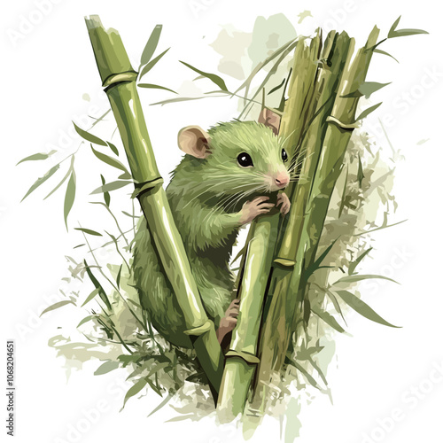 Green rat on a bamboo branch. Watercolor illustration. Vector. 
