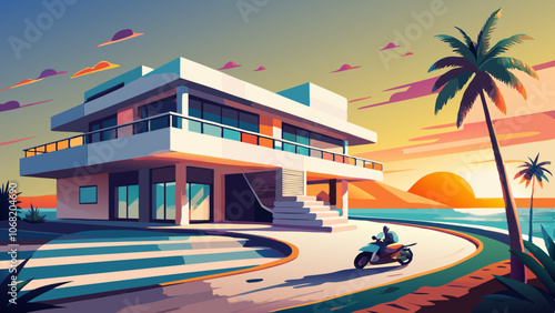 a realistic picture but in vaporwave style of a modernist concrete house in the beach where a motorbike race will be held. The house features curved walls and round columns around which the race and f