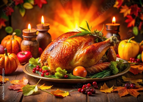 Macro Photography of Roast Turkey with Thanksgiving Decor, Autumn Leaves, and Festive Table Settings for a Perfect Holiday Feast