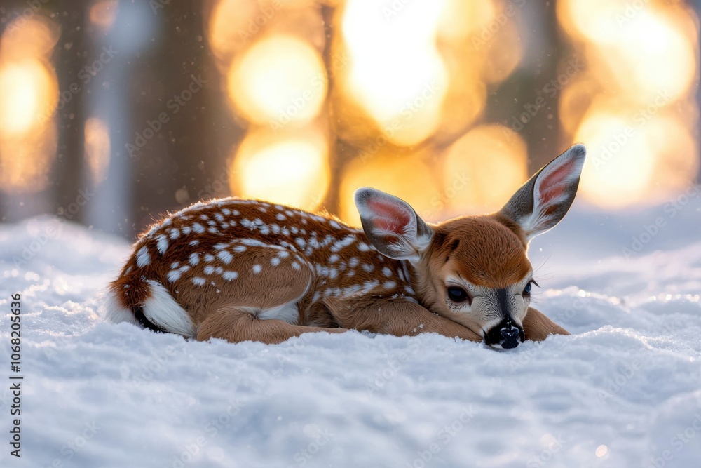 A serene fawn resting in the snow, surrounded by a soft, warm glow from the background, capturing a peaceful winter moment. A serene fawn resting in the snow, surrounded by a soft, warm glow from the background, capturing a peaceful winter moment.
