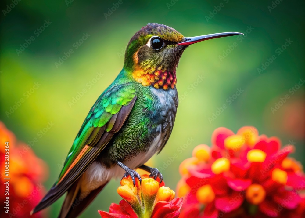 Fototapeta premium Majestic Sword Beak Hummingbird on Vibrant Flower in Lush Greenery - Stunning Drone Photography of Nature's Beauty