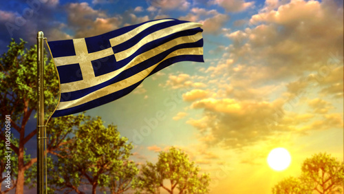 waving flag of Greece at sunrise for any holiday - abstract 3D rendering photo