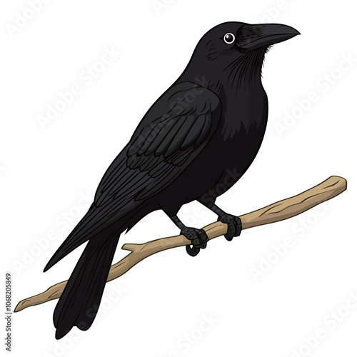 Illustration of a crow sitting on a branch on a white background 