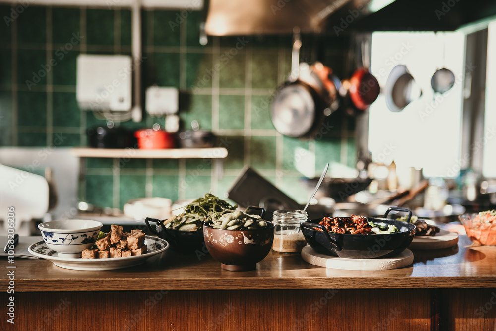 Asian kitchen interior with many dishes Asian kitchen interior with many dishes