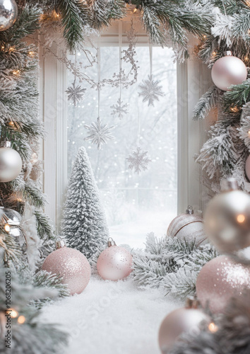 serene Christmas scene with frosted pine branches, pink ornaments, and snowflakes creates festive and elegant winter backdrop. soft snow and gentle lighting enhance holiday atmosphere photo