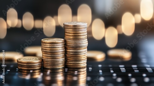 Stacks of coins on a table, visual representation of savings, investment, and financial growth