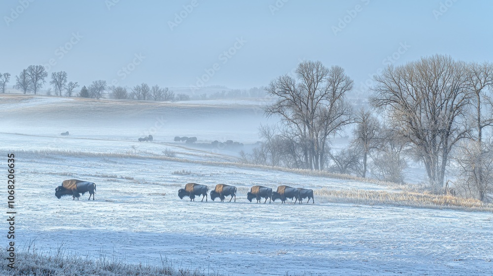 A serene winter landscape featuring a herd of bison grazing in a snowy field, surrounded by trees and gentle hills in the background. A serene winter landscape featuring a herd of bison grazing in a snowy field, surrounded by trees and gentle hills in the background.