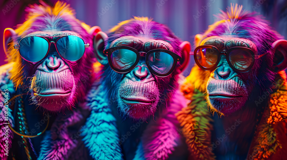 Creative animal concept. Ape in a group, vibrant bright fashionable outfits isolated on solid background advertisement, copy text space. birthday party invite invitation banner Creative animal concept. Ape in a group, vibrant bright fashionable outfits isolated on solid background advertisement, copy text space. birthday party invite invitation banner