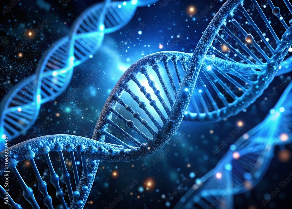 Abstract 3D Render of Blue DNA Double Helix on Dark Background Featuring Intricate Details and Biotechnological Elements for Scientific and Educational Use in Stock Photography Abstract 3D Render of Blue DNA Double Helix on Dark Background Featuring Intricate Details and Biotechnological Elements for Scientific and Educational Use in Stock Photography