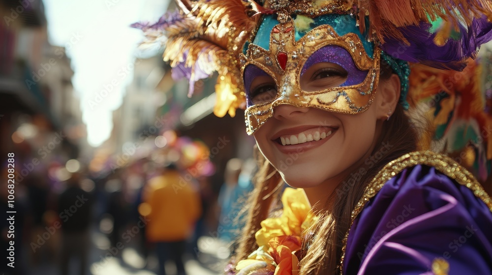 Festive woman joyfully celebrates mardi gras in an elaborate costume and stunning mask. Festive woman joyfully celebrates mardi gras in an elaborate costume and stunning mask.