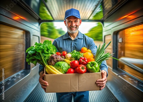 Delivery Person with Fresh Vegetables Ready for Storage in Vehicle - Emphasizing Healthy Lifestyle and Diet Choices in Professional Photography Style