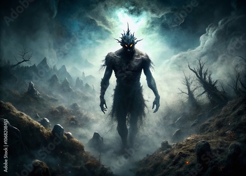 Abstract Dark Horror Background Featuring a Sinister Creature in an Enigmatic Landscape with Eerie Shadows and Ominous Textures for Spooky Visuals and Terrifying Atmospheres