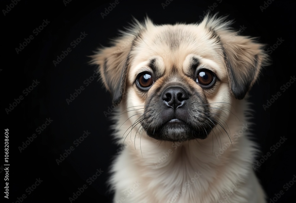 A close-up portrait of a pug dog with a fluffy white coat against a dark background A close-up portrait of a pug dog with a fluffy white coat against a dark background