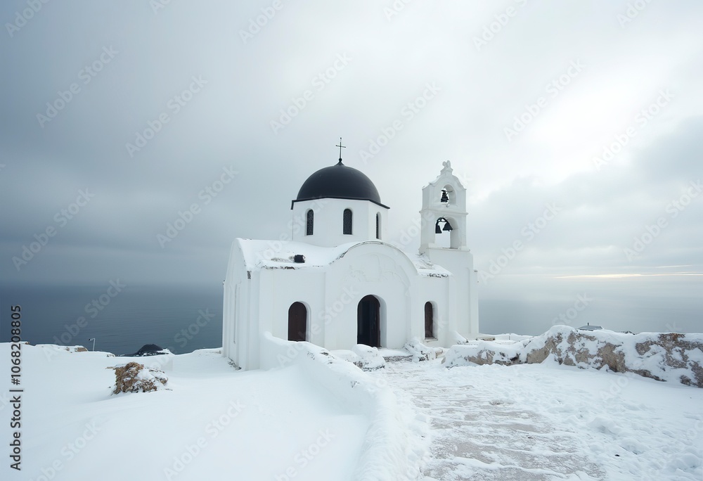 A white church with a domed roof and a bell tower, situated near the ocean with a clear sky in the background A white church with a domed roof and a bell tower, situated near the ocean with a clear sky in the background