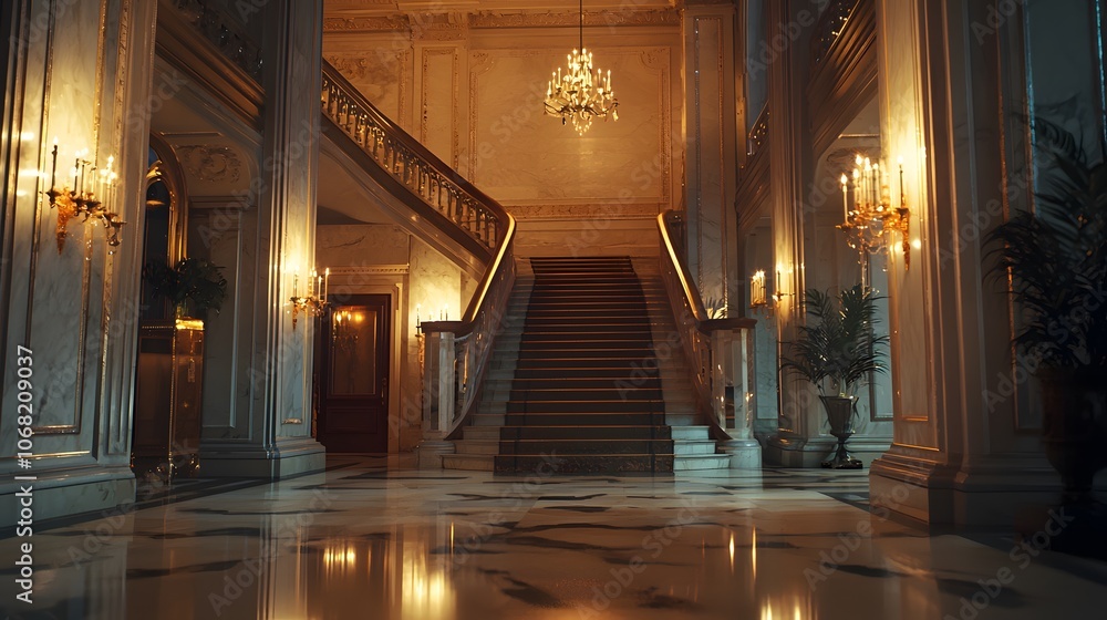 Obraz premium A welcoming foyer with a curved, sweeping staircase and a large statement art piece on the wall.