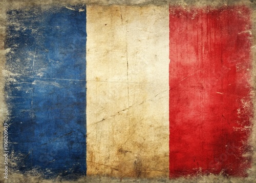 Detailed Realistic Illustration of an Old, Shabby French Flag with a Weathered Texture, Set Against a Neutral Background, Perfect for Vintage and Historical Themes with Ample Copy Space