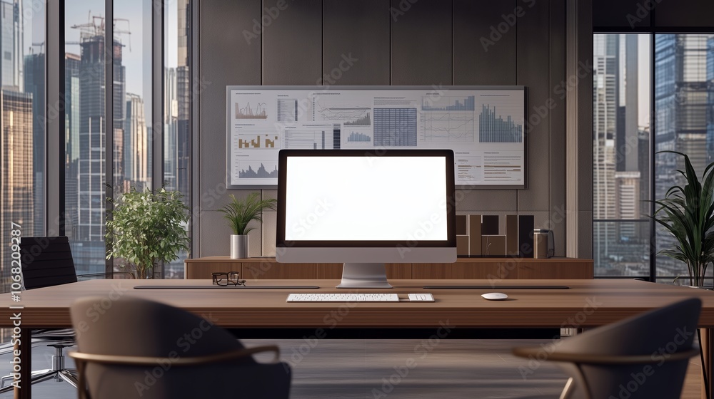 Modern office workspace overlooking a city skyline with large computer and charts on the wall during daylight hours Modern office workspace overlooking a city skyline with large computer and charts on the wall during daylight hours