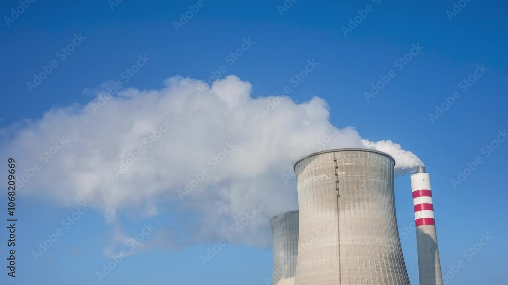 power plant cooling tower and chimney steam smoke time-lapse photography video under the blue sky in the early morning power plant cooling tower and chimney steam smoke time-lapse photography video under the blue sky in the early morning