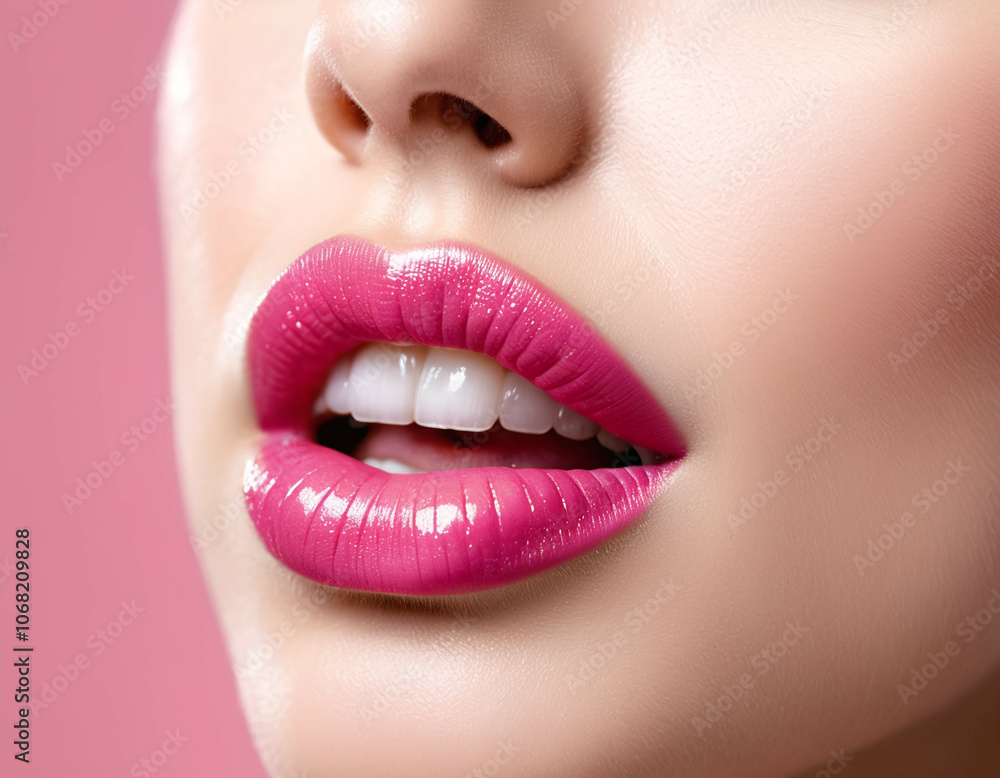 Fototapeta premium the portrait of focus on pink lip, beautiful woman and her pink lip, powerful cosmetics industry.
