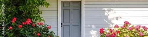 Vintage white house with grey door, sunlight and porch flowers.