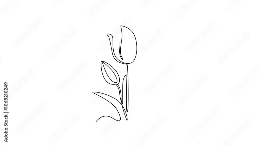 Animated self drawing of continuous line draw beautiful fresh tulip flower plant. Tropical floral style, love romantic concept for poster, wall decoration ornament. Full length single line animation Animated self drawing of continuous line draw beautiful fresh tulip flower plant. Tropical floral style, love romantic concept for poster, wall decoration ornament. Full length single line animation