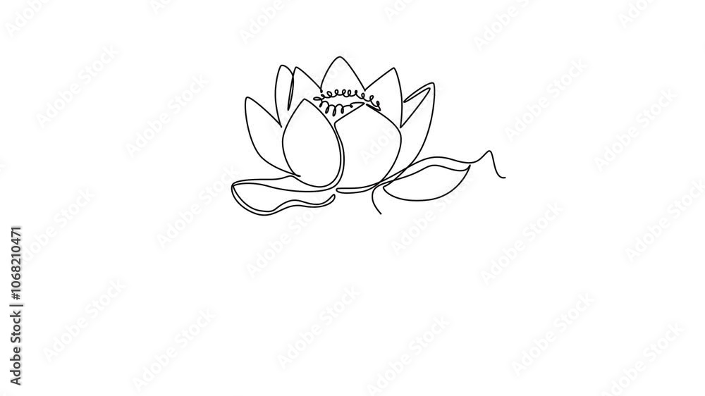 Self drawing animation of single line draw beauty fresh lotus for spa business logo identity. Decorative water lily flower concept for home wallpaper decor. Continuous line draw. Full length animated Self drawing animation of single line draw beauty fresh lotus for spa business logo identity. Decorative water lily flower concept for home wallpaper decor. Continuous line draw. Full length animated