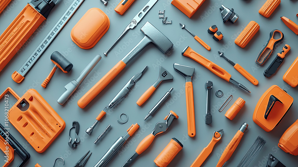 Various Hand Tools Flat Lay on Blue Background Various Hand Tools Flat Lay on Blue Background