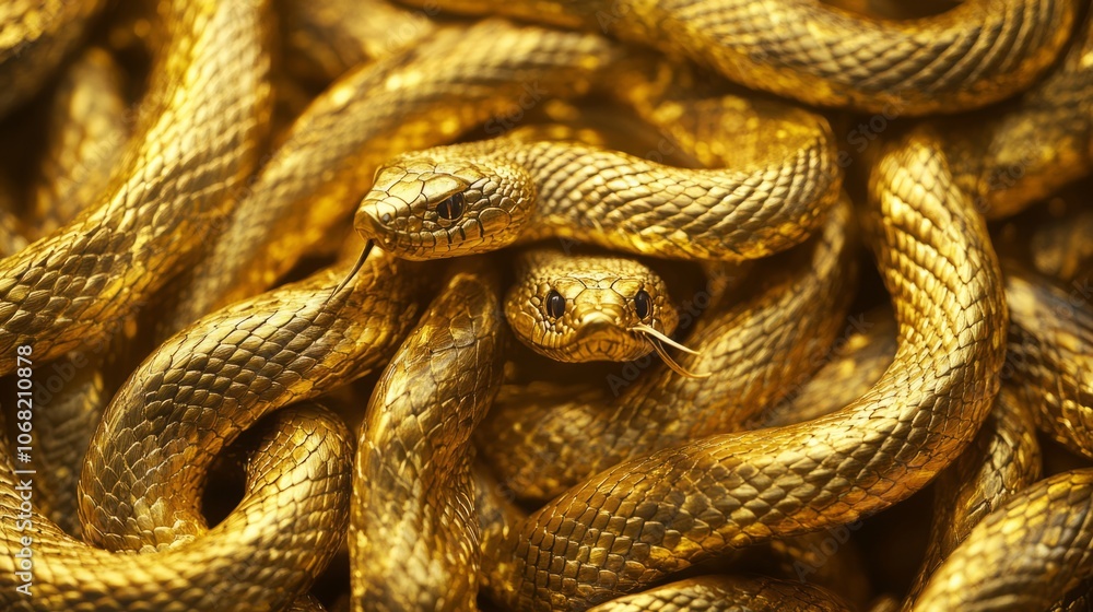 Fototapeta premium Abstract background with tangled golden snakes, shiny metallic scales texture, unique background for new 2025 year