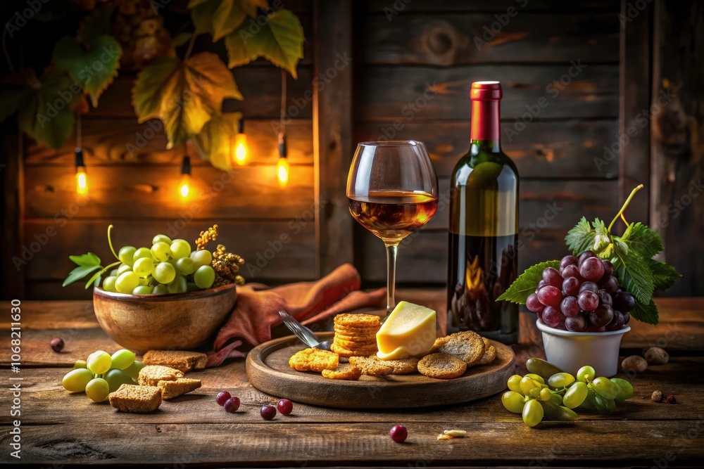 Rustic Wine and Snack Set with Grapes and Crackers on a Low Light Table for Cozy Evenings and Gatherings Rustic Wine and Snack Set with Grapes and Crackers on a Low Light Table for Cozy Evenings and Gatherings