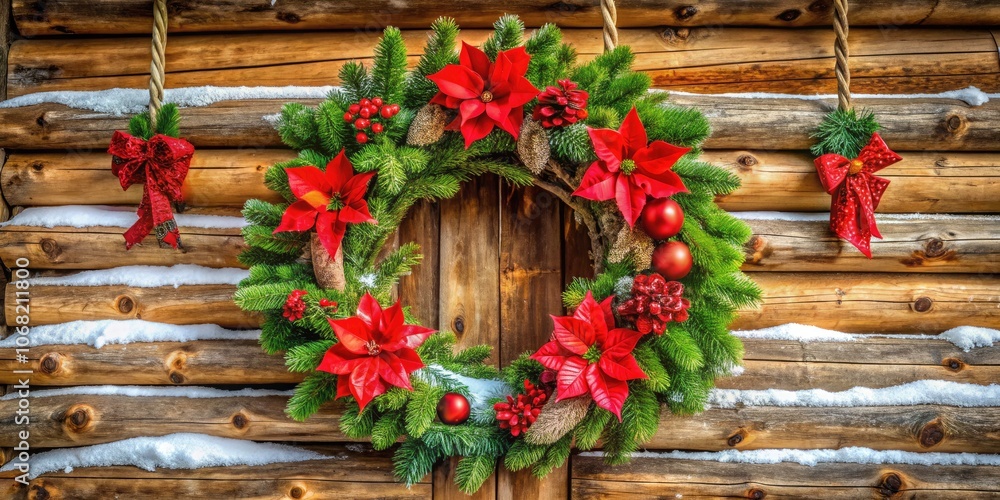 Fototapeta premium Rustic Wooden Christmas Wreath with Red Poinsettias at Cozy Log Cabin Entrance in Winter