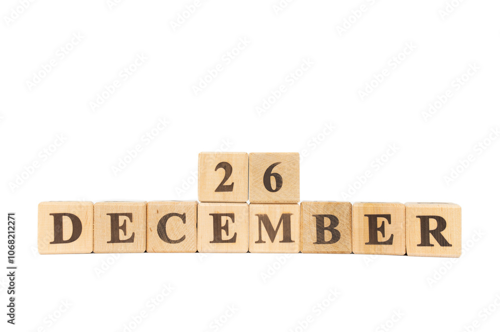 Wooden calendar, a set of dates of the month 26 December, on a white and transparent background close-up. National Candy Cane Day Wooden calendar, a set of dates of the month 26 December, on a white and transparent background close-up. National Candy Cane Day