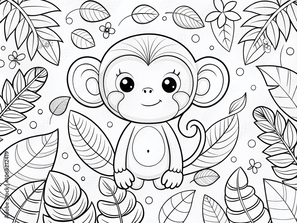 Fototapeta premium Adorable Cartoon Monkey Outline Illustration Perfect for Coloring Books, Featuring Playful Expressions and Fun Details for Kids and Adults Alike, Ideal for Creative Relaxation Activities