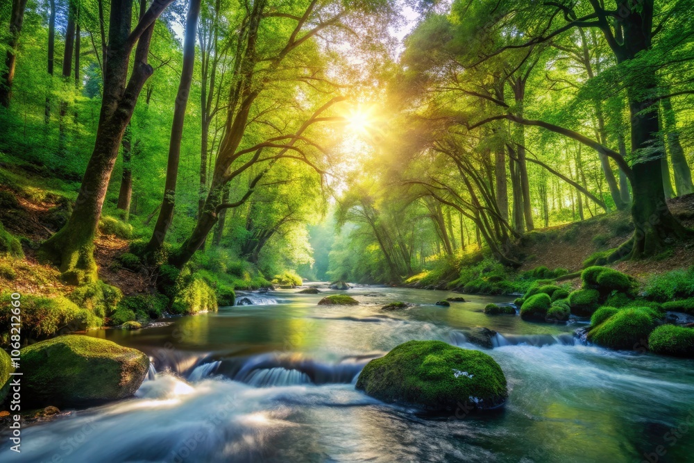 Serene Flowing River in Lush Green Forest Nature's Tranquility, Scenic Riverbank, Vibrant Wilderness, Peaceful Landscape, Majestic Trees, Natural Beauty Serene Flowing River in Lush Green Forest Nature's Tranquility, Scenic Riverbank, Vibrant Wilderness, Peaceful Landscape, Majestic Trees, Natural Beauty