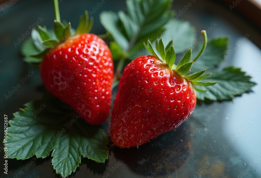Two ripe red strawberries with green leaves, close-up Two ripe red strawberries with green leaves, close-up
