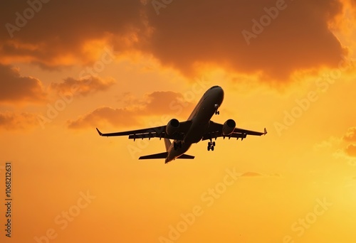 Silhouette of a large commercial airplane flying against a dramatic orange and yellow cloudy sky at sunset