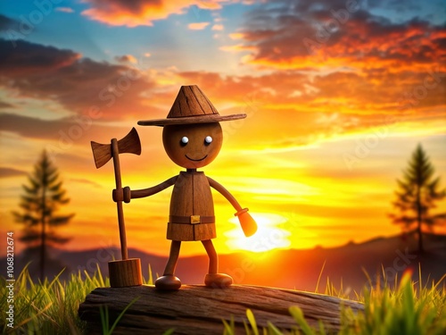 Adorable Cartoon Wood Piker Character in Silhouette Photography, Expressing Playfulness and Adventure Against a Vibrant Sunset Background, Perfect for Kids' Illustrations and Creative Projects photo