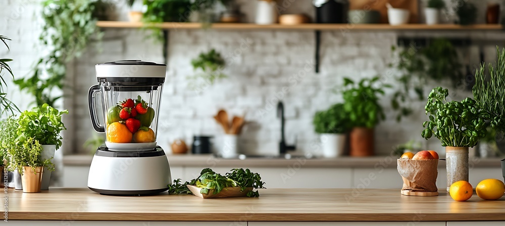 A smoothie maker filled with fresh fruits, placed on a modern kitchen counter, with room for copy text A smoothie maker filled with fresh fruits, placed on a modern kitchen counter, with room for copy text